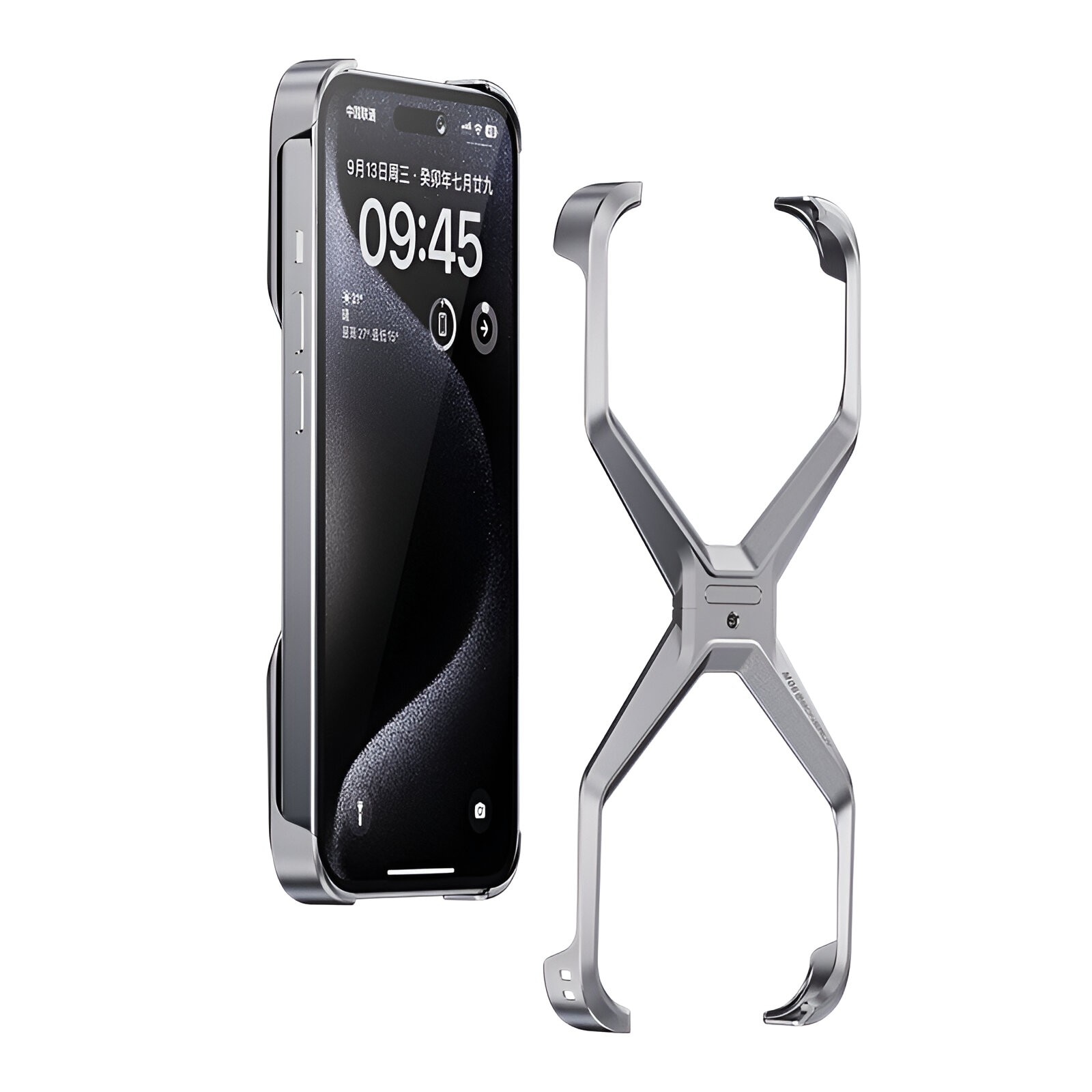 Husa Armor X Compatibila cu iPhone 15 Pro Max, Flippy, Aluminiu, Antisoc, Impermeabila, Margini cu 2 Straturi, Aderenta, Montare Usoara, Surubelnita Inclusa, Gri Metalizat