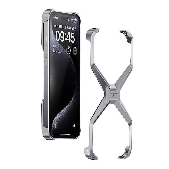 Husa Armor X Compatibila cu iPhone 15 Pro Max, Flippy, Aluminiu, Antisoc, Impermeabila, Margini cu 2 Straturi, Aderenta, Montare Usoara, Surubelnita Inclusa, Gri Metalizat