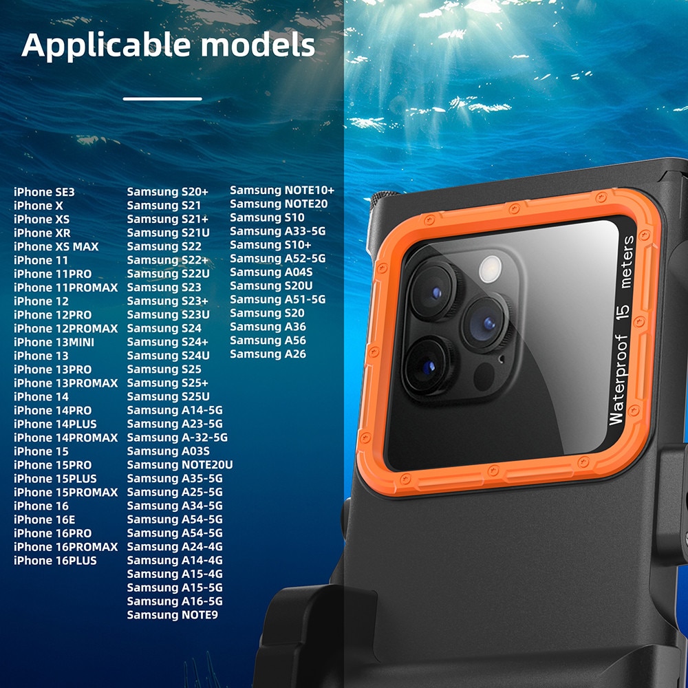 Husa subacvatica, Garsonal®, protectie impermeabila 15m, telecomanda Bluetooth, pentru telefoane de pana la 6.9 inch, Adecvata pentru snorkeling si scufundari, Negru/orange