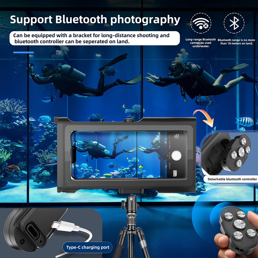 Husa subacvatica, Garsonal®, protectie impermeabila 15m, telecomanda Bluetooth, pentru telefoane de pana la 6.9 inch, Adecvata pentru snorkeling si scufundari, Negru/orange
