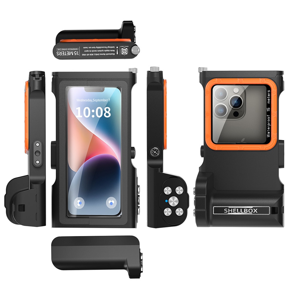 Husa subacvatica, Garsonal®, protectie impermeabila 15m, telecomanda Bluetooth, pentru telefoane de pana la 6.9 inch, Adecvata pentru snorkeling si scufundari, Negru/orange