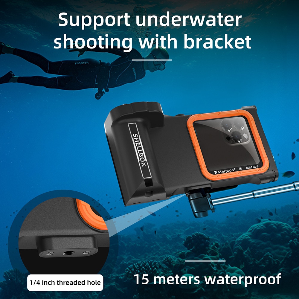 Husa subacvatica, Garsonal®, protectie impermeabila 15m, telecomanda Bluetooth, pentru telefoane de pana la 6.9 inch, Adecvata pentru snorkeling si scufundari, Negru/orange