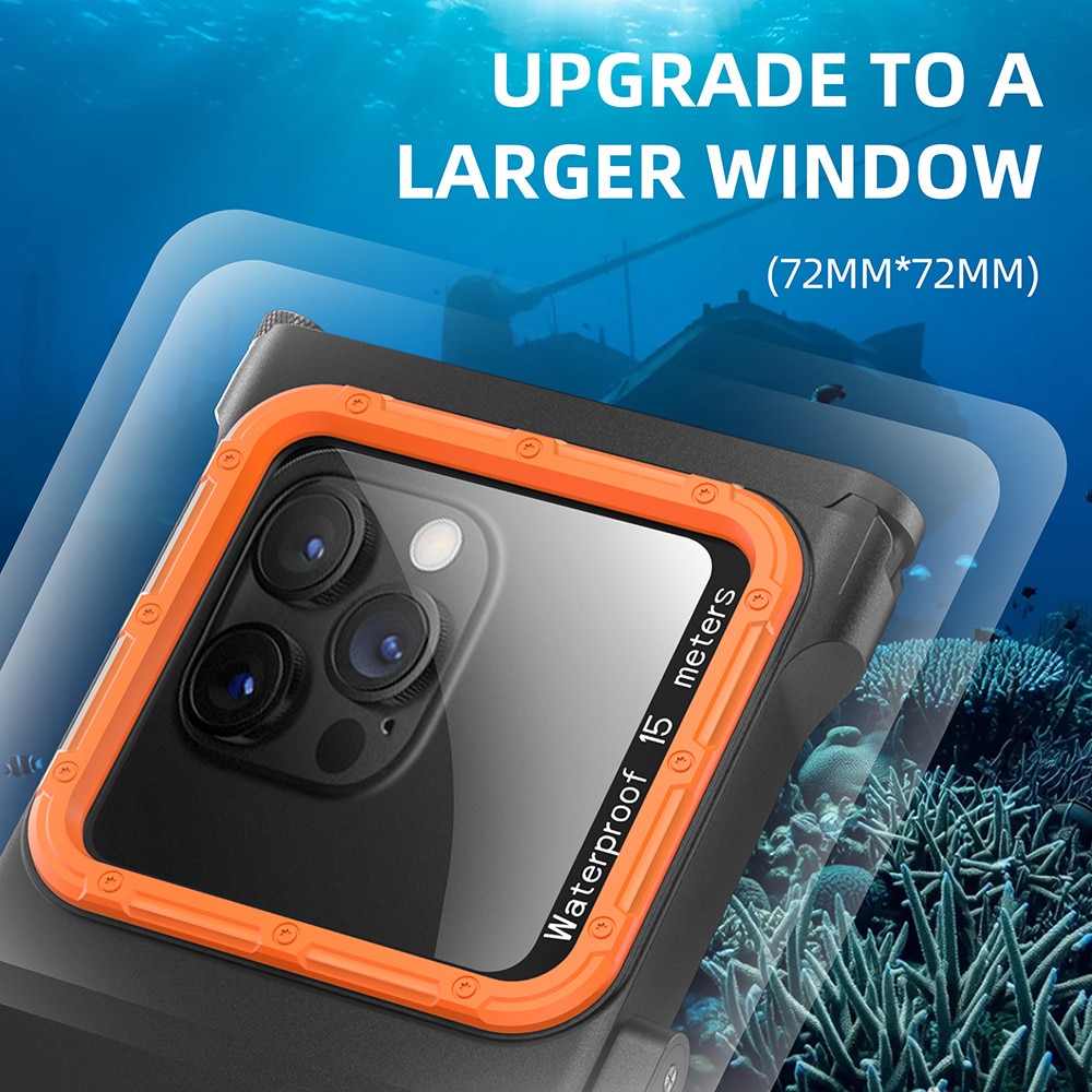 Husa subacvatica, Garsonal®, protectie impermeabila 15m, telecomanda Bluetooth, pentru telefoane de pana la 6.9 inch, Adecvata pentru snorkeling si scufundari, Negru/orange