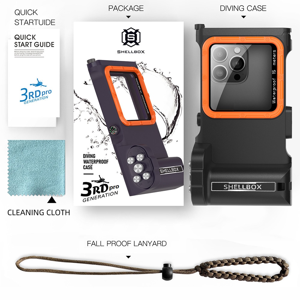 Husa subacvatica, Garsonal®, protectie impermeabila 15m, telecomanda Bluetooth, pentru telefoane de pana la 6.9 inch, Adecvata pentru snorkeling si scufundari, Negru/orange