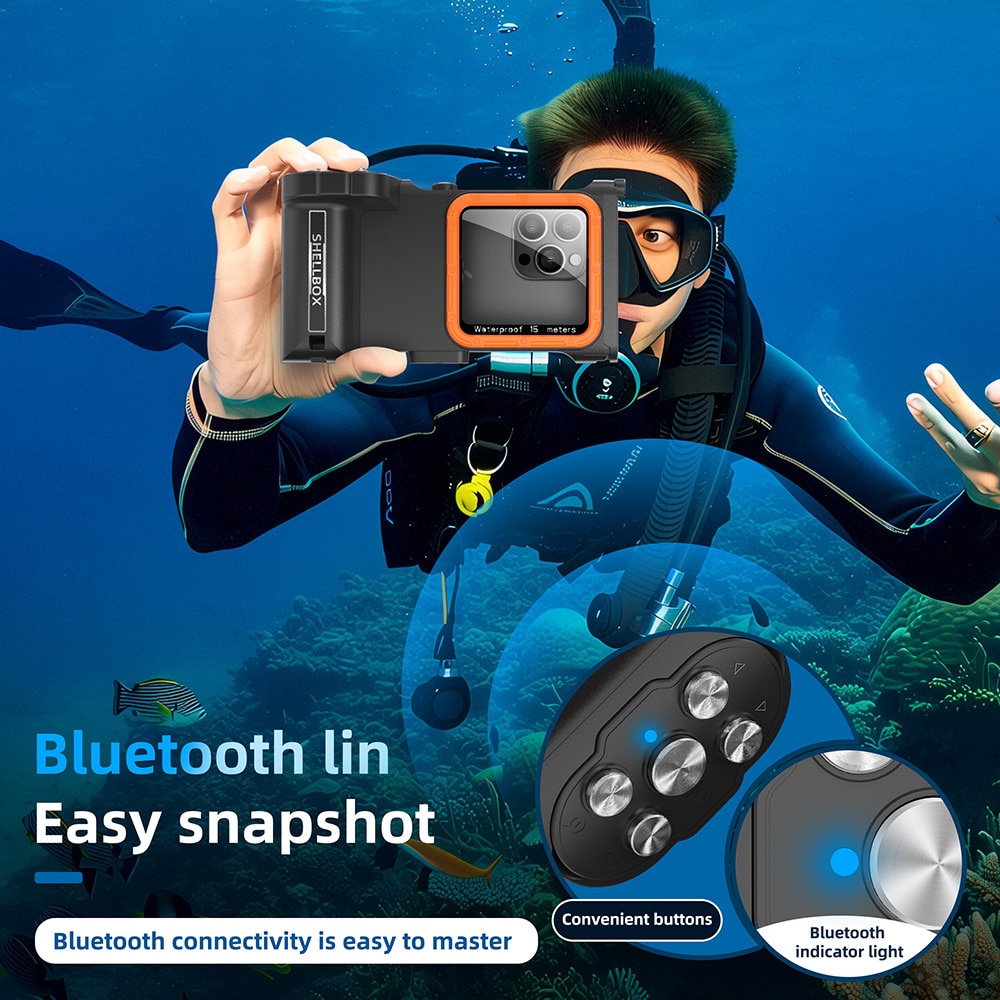 Husa subacvatica, Garsonal®, protectie impermeabila 15m, telecomanda Bluetooth, pentru telefoane de pana la 6.9 inch, Adecvata pentru snorkeling si scufundari, Negru/orange