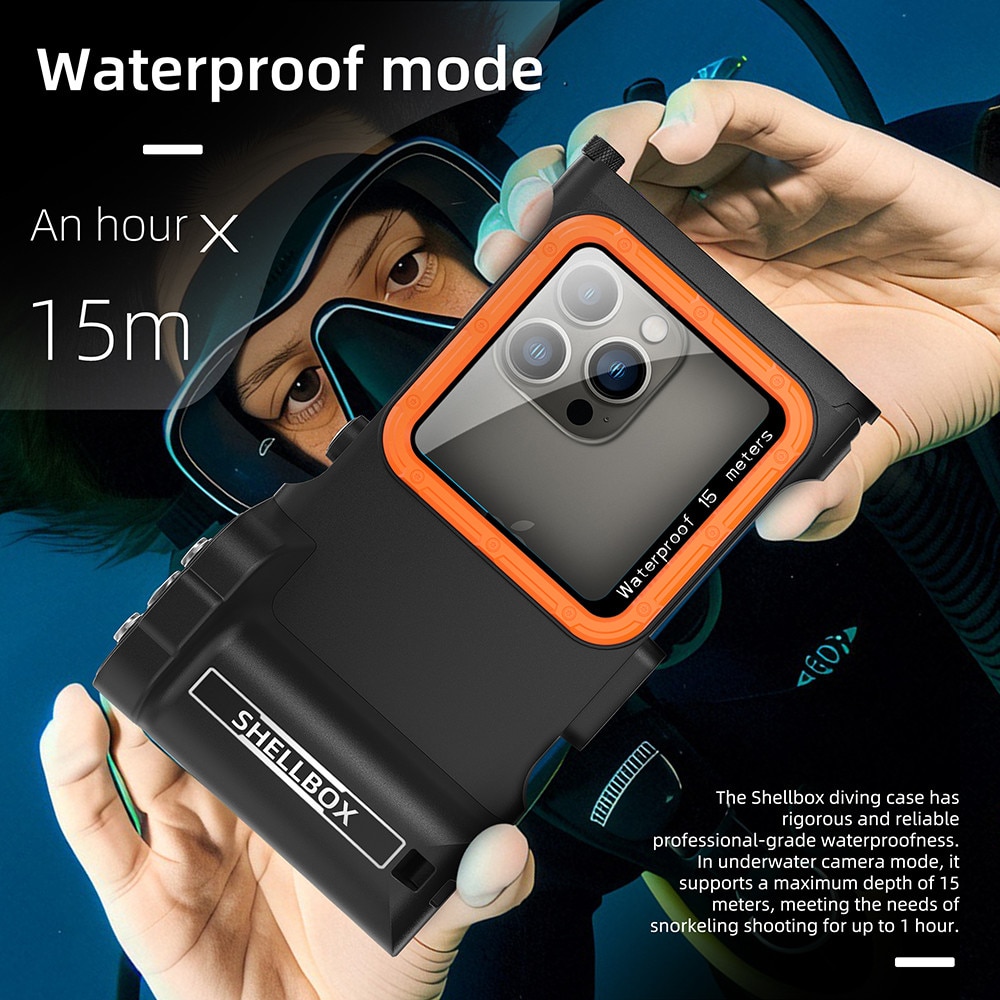 Husa subacvatica, Garsonal®, protectie impermeabila 15m, telecomanda Bluetooth, pentru telefoane de pana la 6.9 inch, Adecvata pentru snorkeling si scufundari, Negru/orange