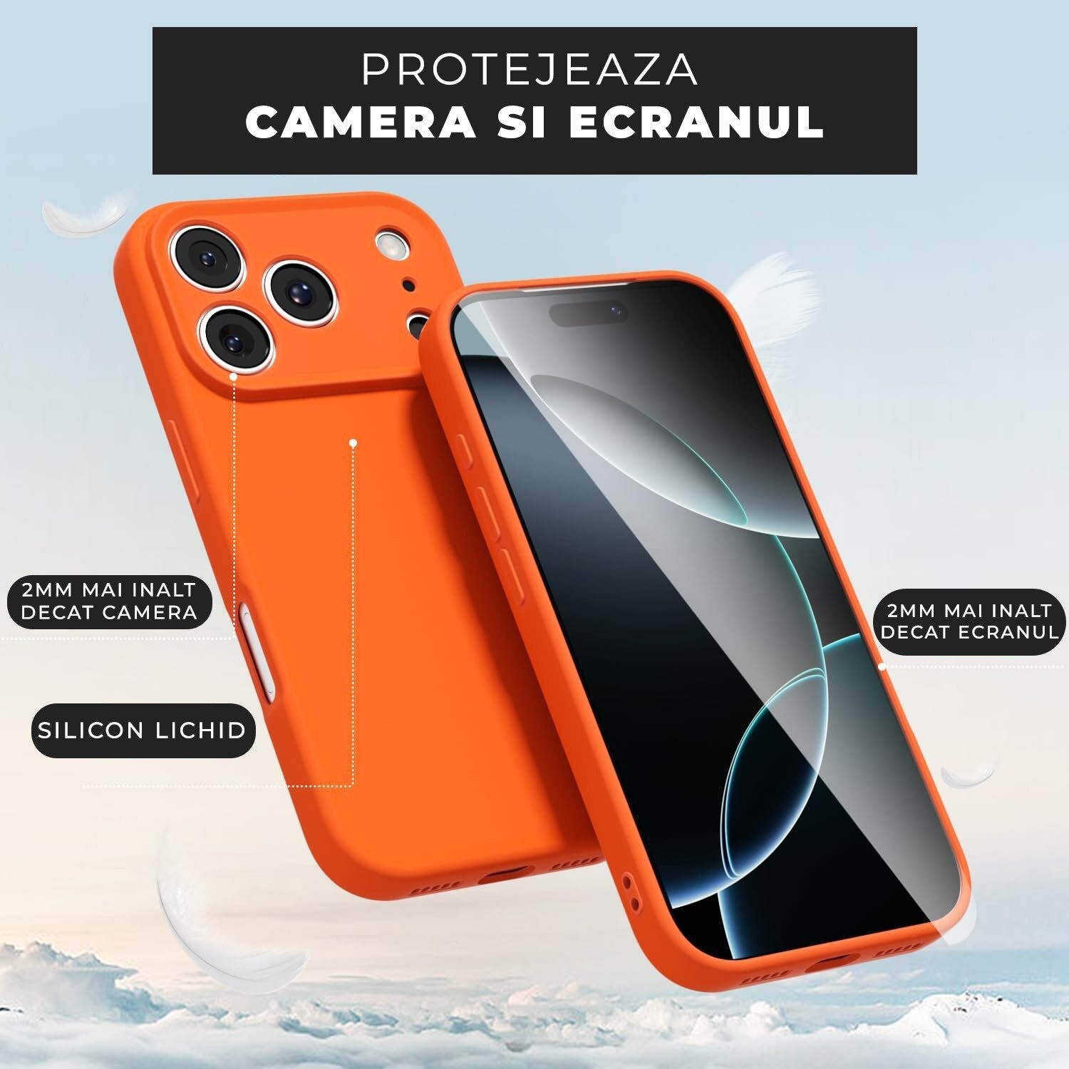 Pachet Husa plus Folie Full cover pentru iPhone 17 Pro Max DaDen®, Ultra Slim, Silicon, Calitate Premium, Interior din microfibra, Portocaliu