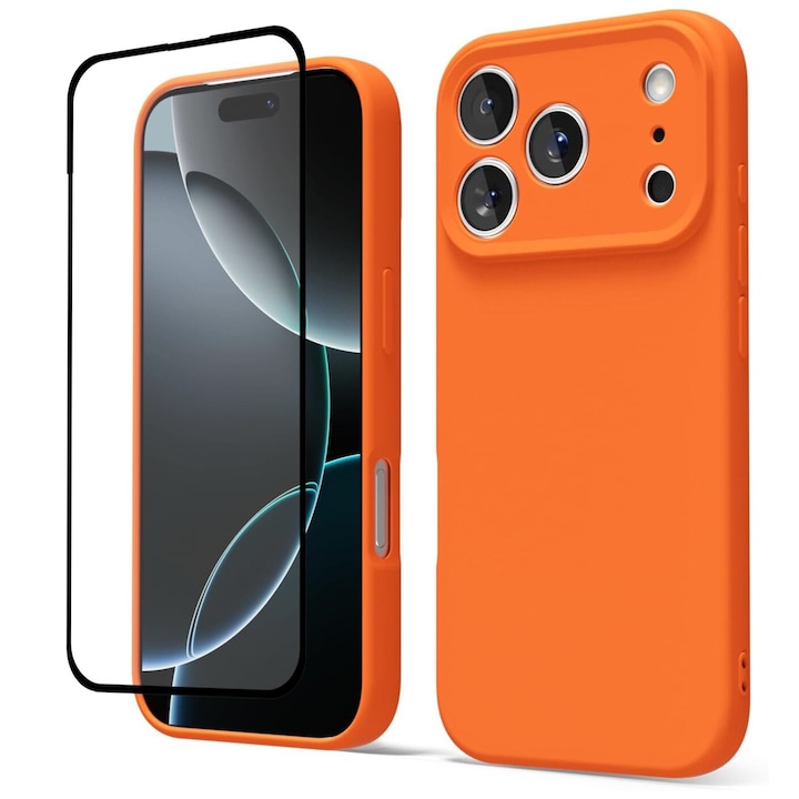 Pachet Husa plus Folie Full cover pentru iPhone 17 Pro Max DaDen®, Ultra Slim, Silicon, Calitate Premium, Interior din microfibra, Portocaliu