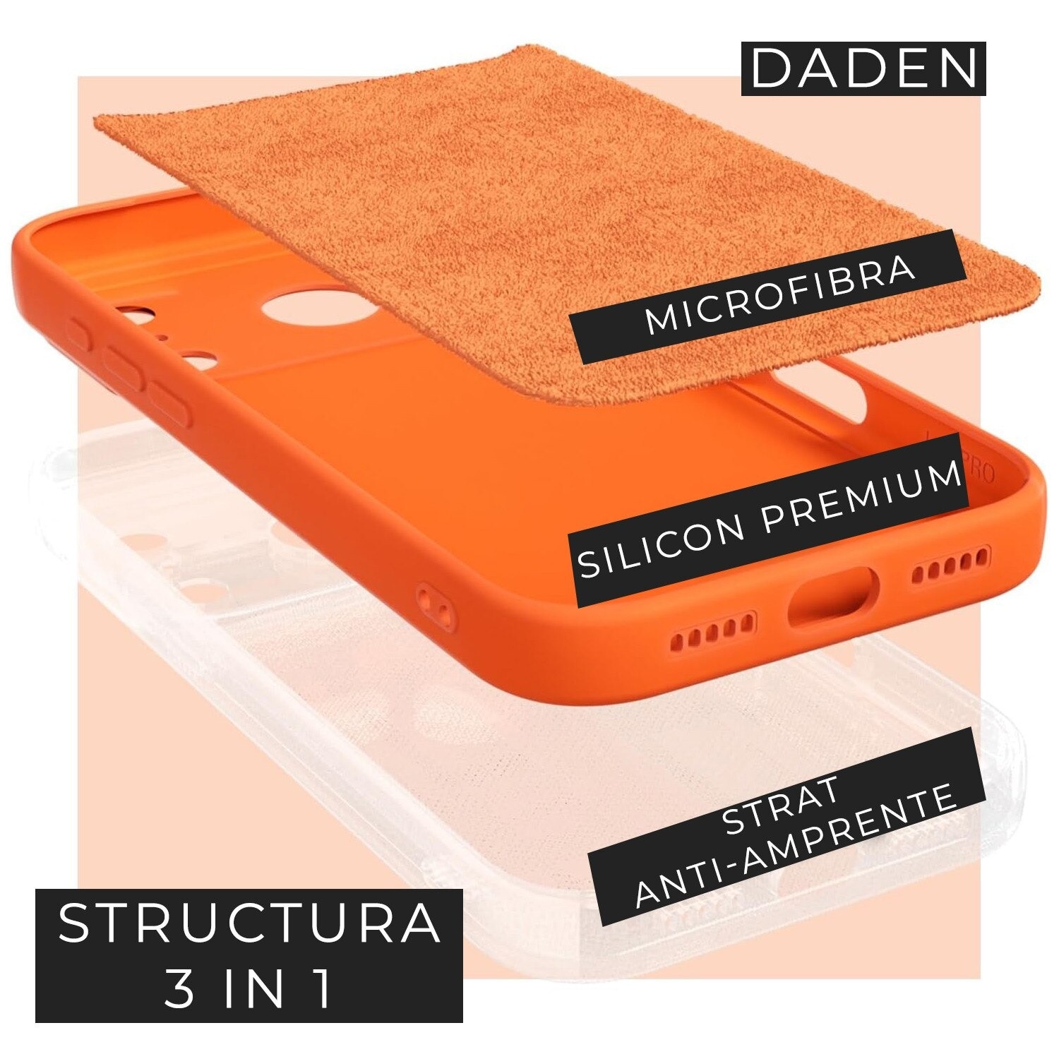 Pachet Husa plus Folie Full cover pentru iPhone 17 Pro Max DaDen®, Ultra Slim, Silicon, Calitate Premium, Interior din microfibra, Portocaliu