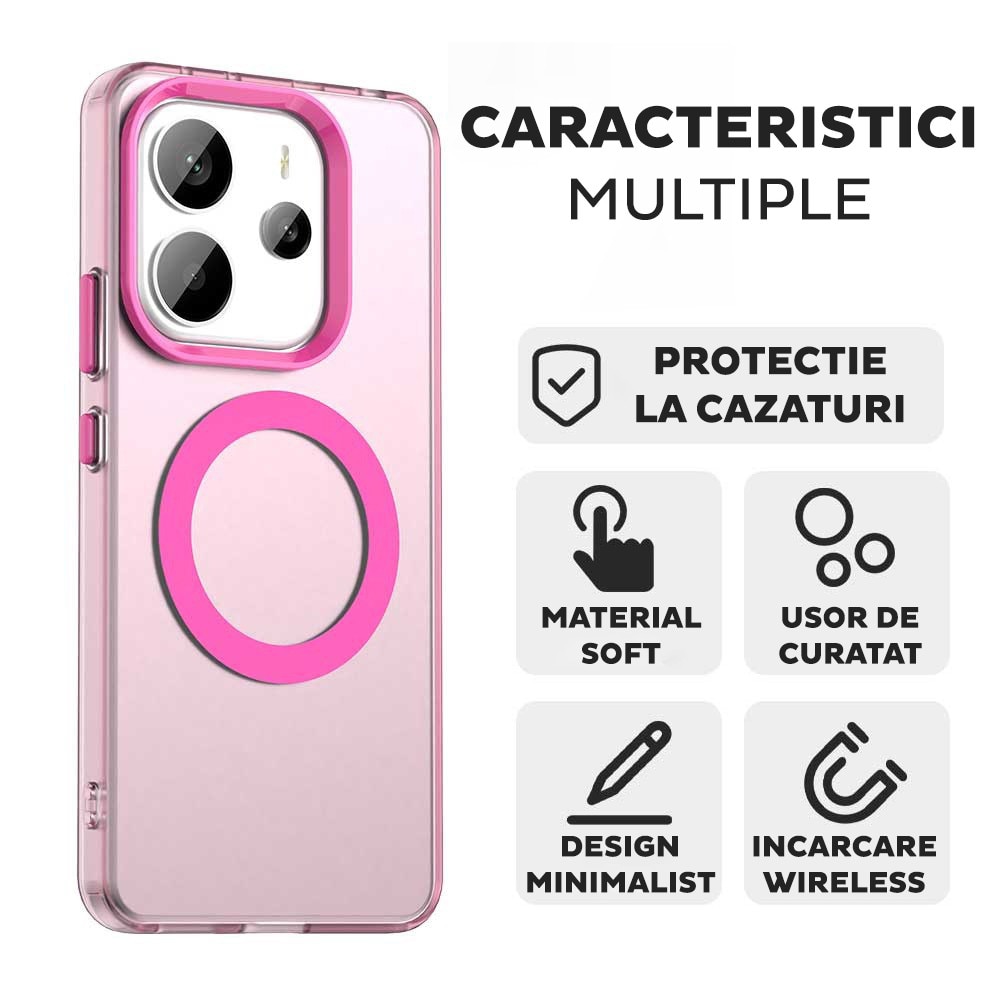 Husa pentru Xiaomi Redmi Note 14 4G (Regional) DaDen® CandyCase MagSafe, Antisoc, Incarcare wireless, Butoane protejate, Roz
