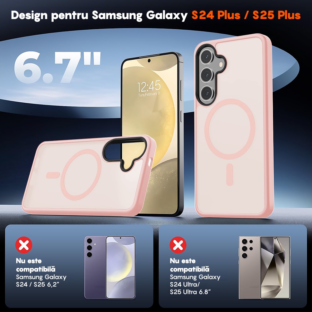 Husa compatibila cu Incarcare Magsafe pentru Samsung Galaxy S25 Plus, CASEY STUDIOS™, de Protectie, Slim, pentru Incarcare Wireless, Margini Ridicate pentru Protectia Ecranului si a Camerelor, Roz