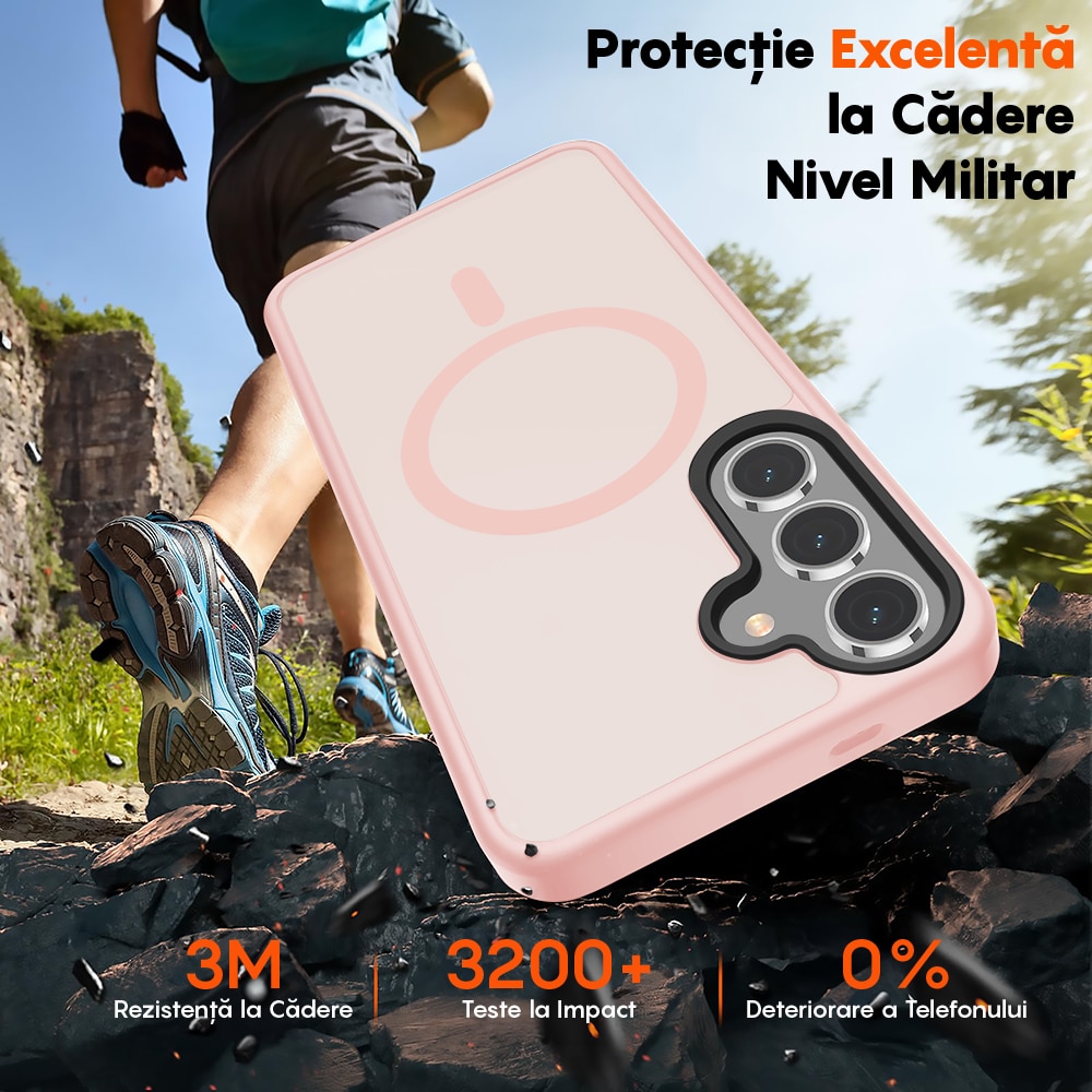 Husa compatibila cu Incarcare Magsafe pentru Samsung Galaxy S25 Plus, CASEY STUDIOS™, de Protectie, Slim, pentru Incarcare Wireless, Margini Ridicate pentru Protectia Ecranului si a Camerelor, Roz