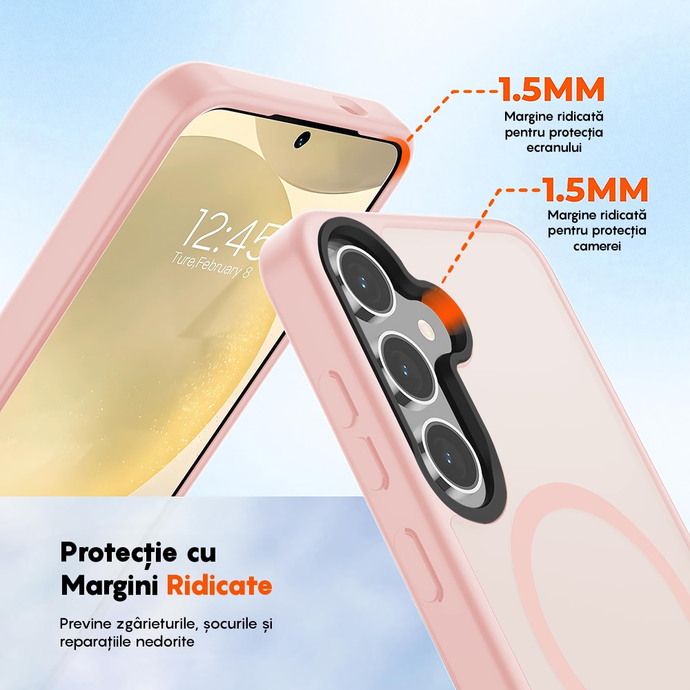 Husa compatibila cu Incarcare Magsafe pentru Samsung Galaxy S25 Plus, CASEY STUDIOS™, de Protectie, Slim, pentru Incarcare Wireless, Margini Ridicate pentru Protectia Ecranului si a Camerelor, Roz