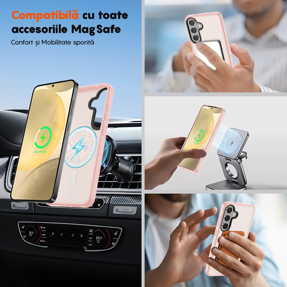 Husa compatibila cu Incarcare Magsafe pentru Samsung Galaxy S25 Plus, CASEY STUDIOS™, de Protectie, Slim, pentru Incarcare Wireless, Margini Ridicate pentru Protectia Ecranului si a Camerelor, Roz