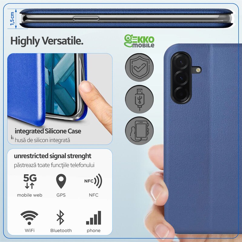 Husa pentru Samsung Galaxy A56 / A36, tip carte, inchidere Magnetica, buzunar Card, Functie Stand, Piele-Eco cu interior Microfibra, Open 360°, Albastra