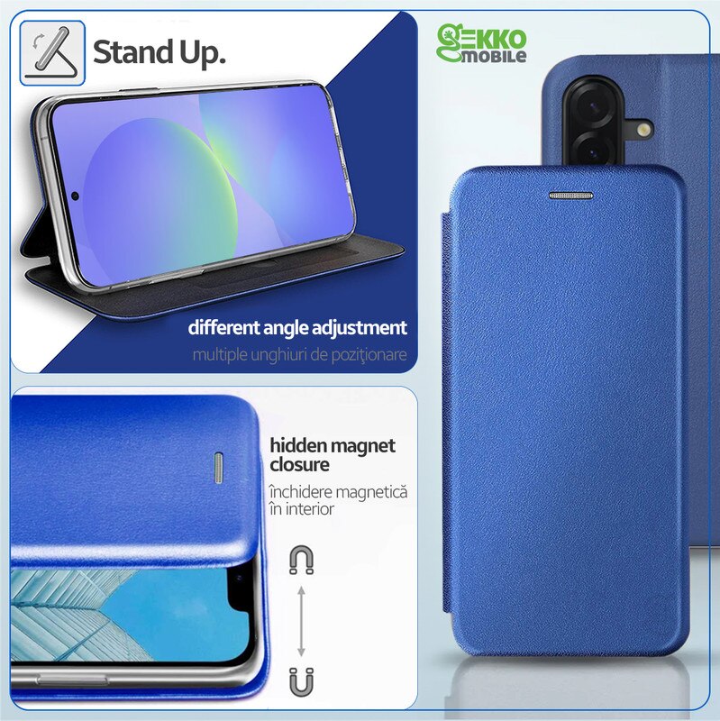 Husa pentru Samsung Galaxy A56 / A36, tip carte, inchidere Magnetica, buzunar Card, Functie Stand, Piele-Eco cu interior Microfibra, Open 360°, Albastra