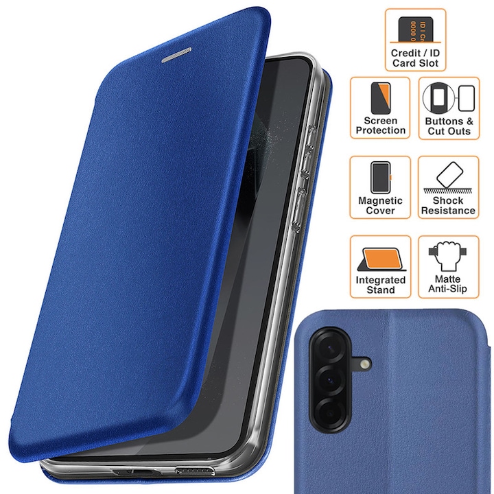 Husa pentru Samsung Galaxy A56 / A36, tip carte, inchidere Magnetica, buzunar Card, Functie Stand, Piele-Eco cu interior Microfibra, Open 360°, Albastra