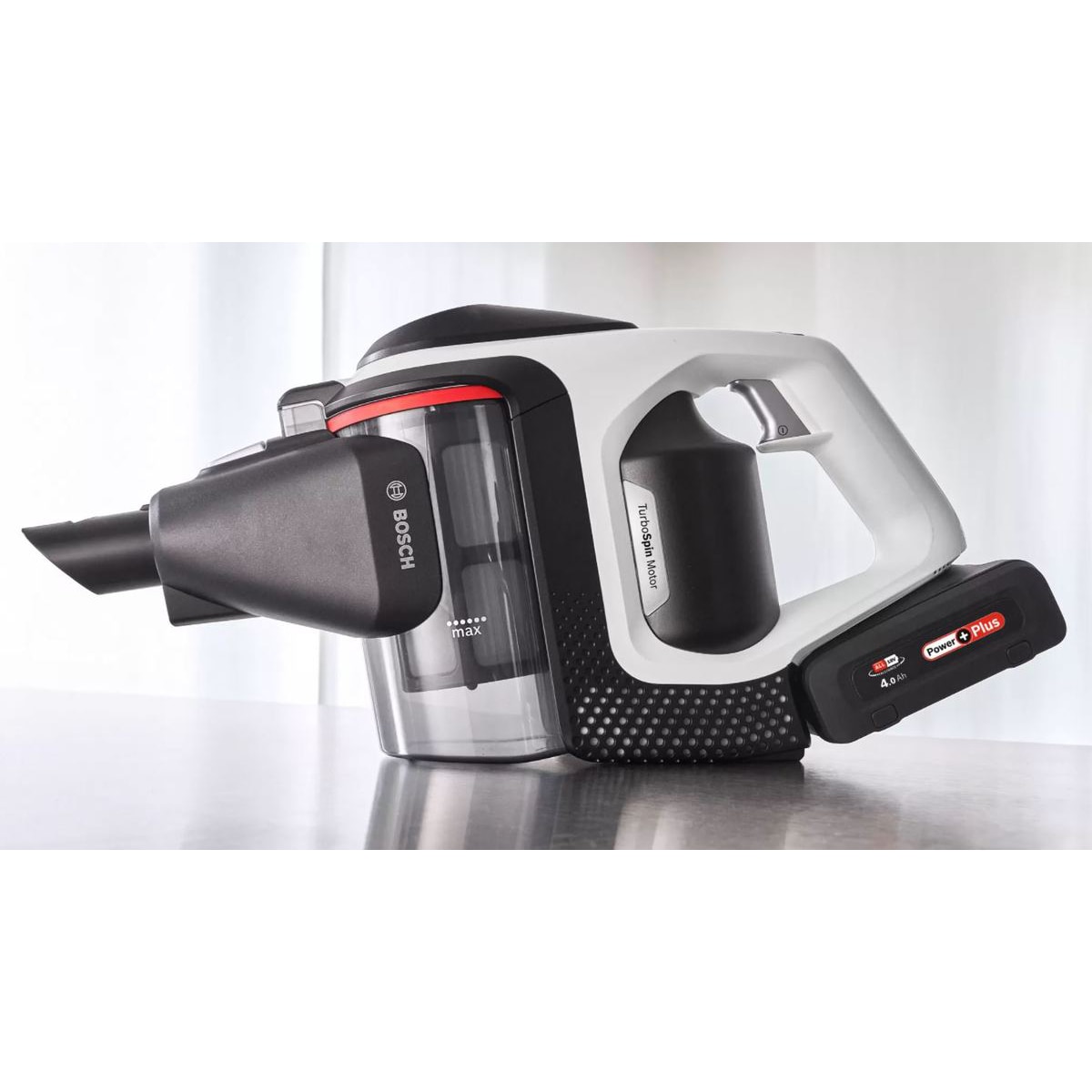 Aspirator fara fir, Bosch, 2 baterii 18 V / 4 Ah, Timp de functionare 65, Alb/Negru