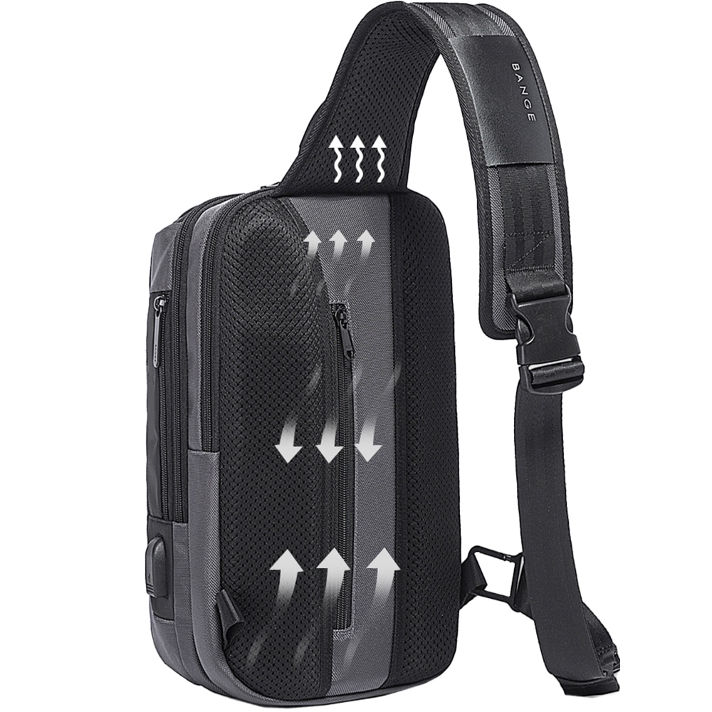 Rucsac crossbody, port USB, si lacat TSA, buzunar antifurt, rezistent la apa, potrivit pentru calatorii BANGE, BG7082GY, Gri