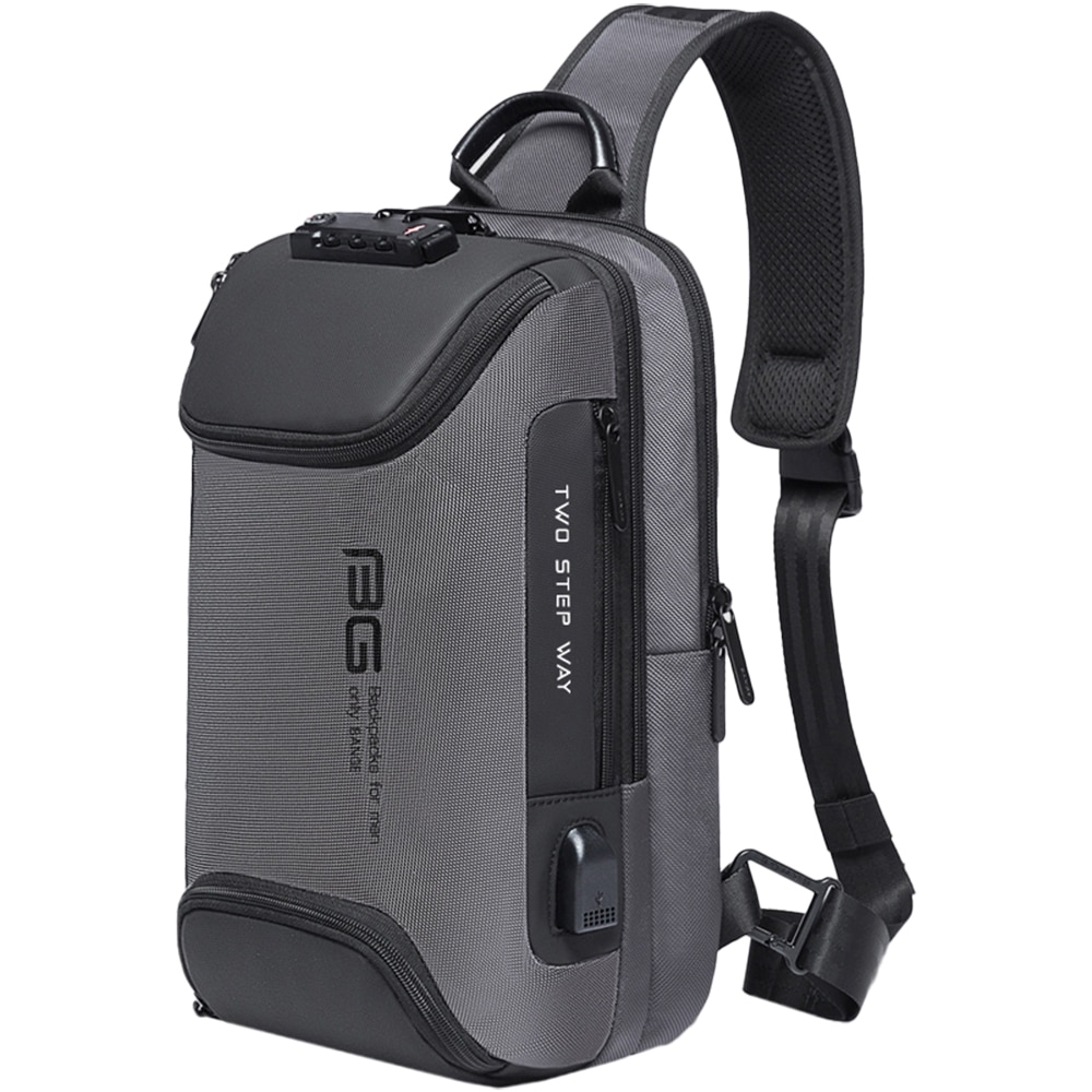 Rucsac crossbody, port USB, si lacat TSA, buzunar antifurt, rezistent la apa, potrivit pentru calatorii BANGE, BG7082GY, Gri
