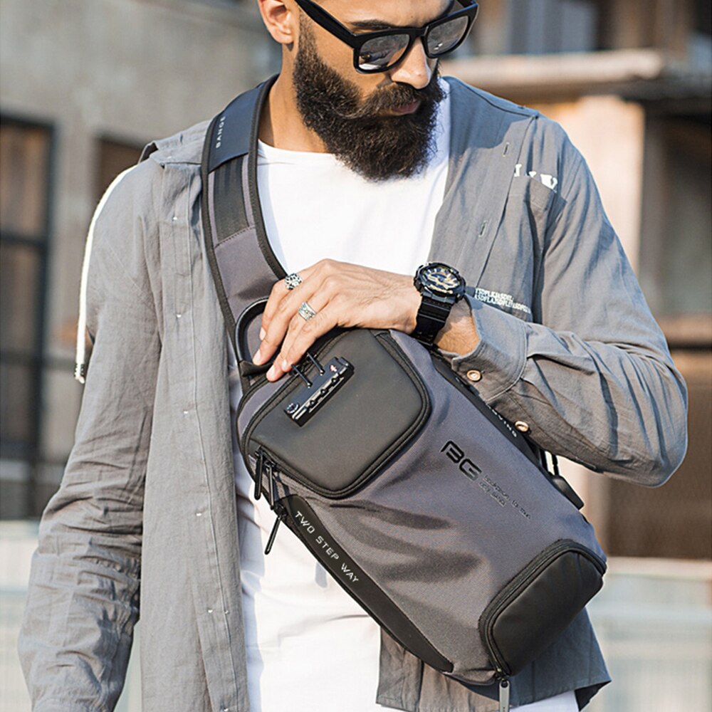Rucsac crossbody, port USB, si lacat TSA, buzunar antifurt, rezistent la apa, potrivit pentru calatorii BANGE, BG7082GY, Gri