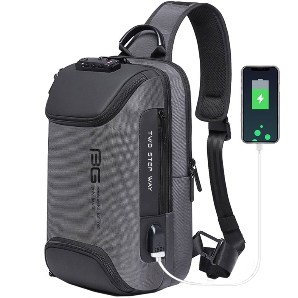 Rucsac crossbody, port USB, si lacat TSA, buzunar antifurt, rezistent la apa, potrivit pentru calatorii BANGE, BG7082GY, Gri