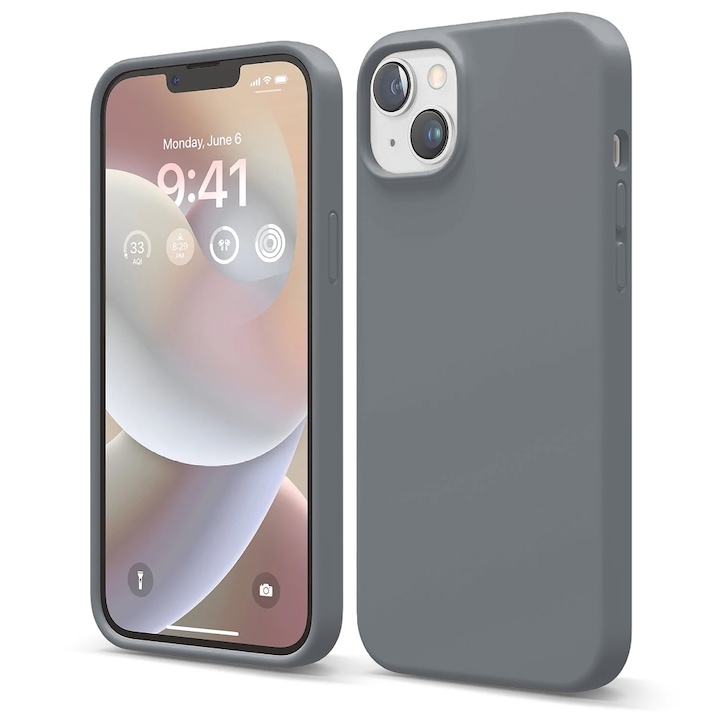 Husa CASEY STUDIOS™ compatibila cu iPhone 14 Plus, Soft Silicone Premium, Microfibra in Interior, Dark Gray, de Protectie, Ultra Slim, pentru Incarcare Wireless, Margini Ridicate de Protectia Ecranului si a Camerelor