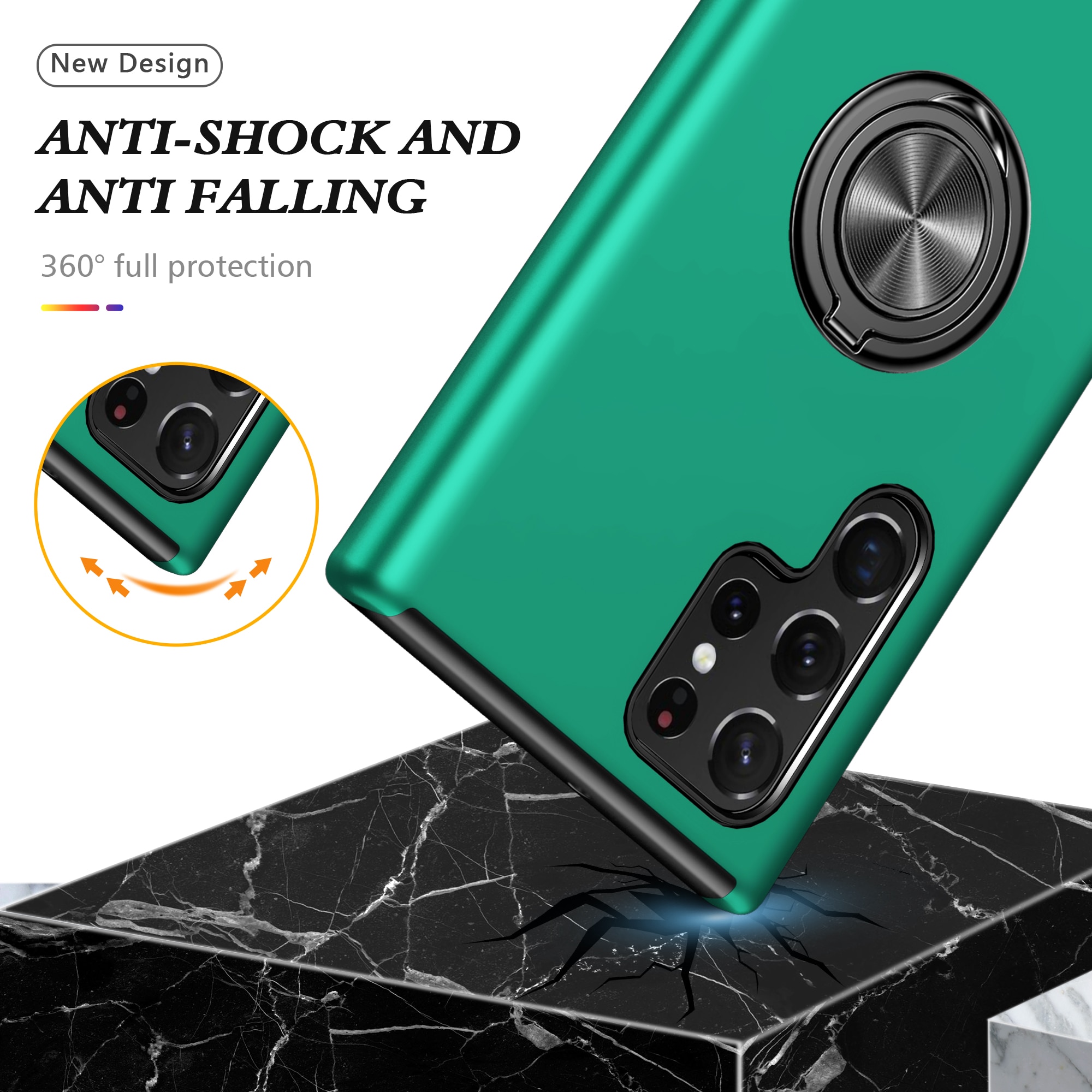 Husa de protectie pentru Samsung Galaxy S22 Ultra, Hybrid Antisoc, Kickstand, Bumper inel rotativ 360, Green