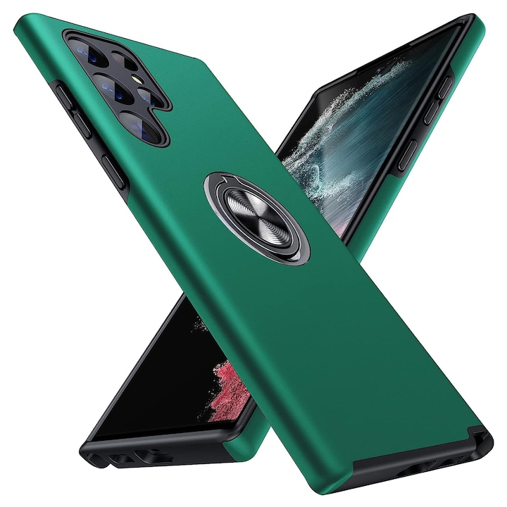 Husa de protectie pentru Samsung Galaxy S22 Ultra, Hybrid Antisoc, Kickstand, Bumper inel rotativ 360, Green
