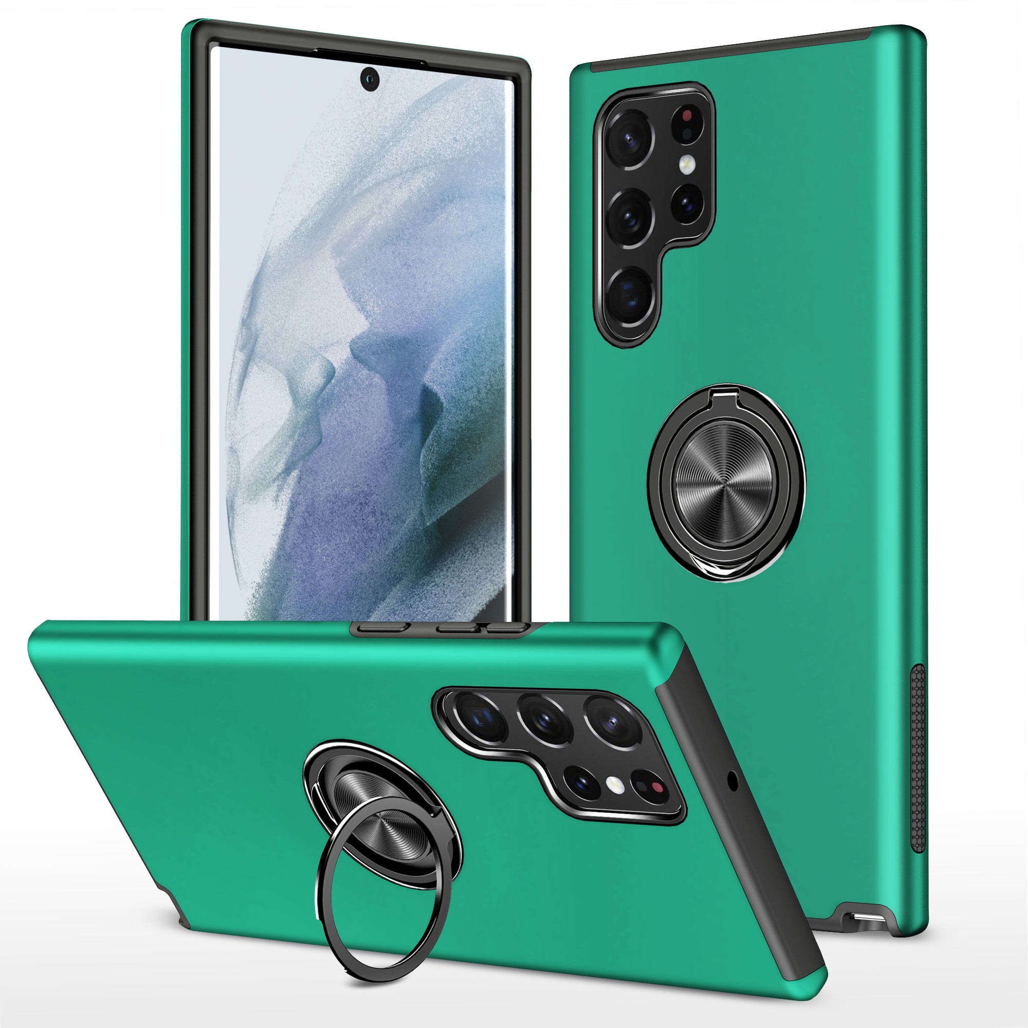 Husa de protectie pentru Samsung Galaxy S22 Ultra, Hybrid Antisoc, Kickstand, Bumper inel rotativ 360, Green