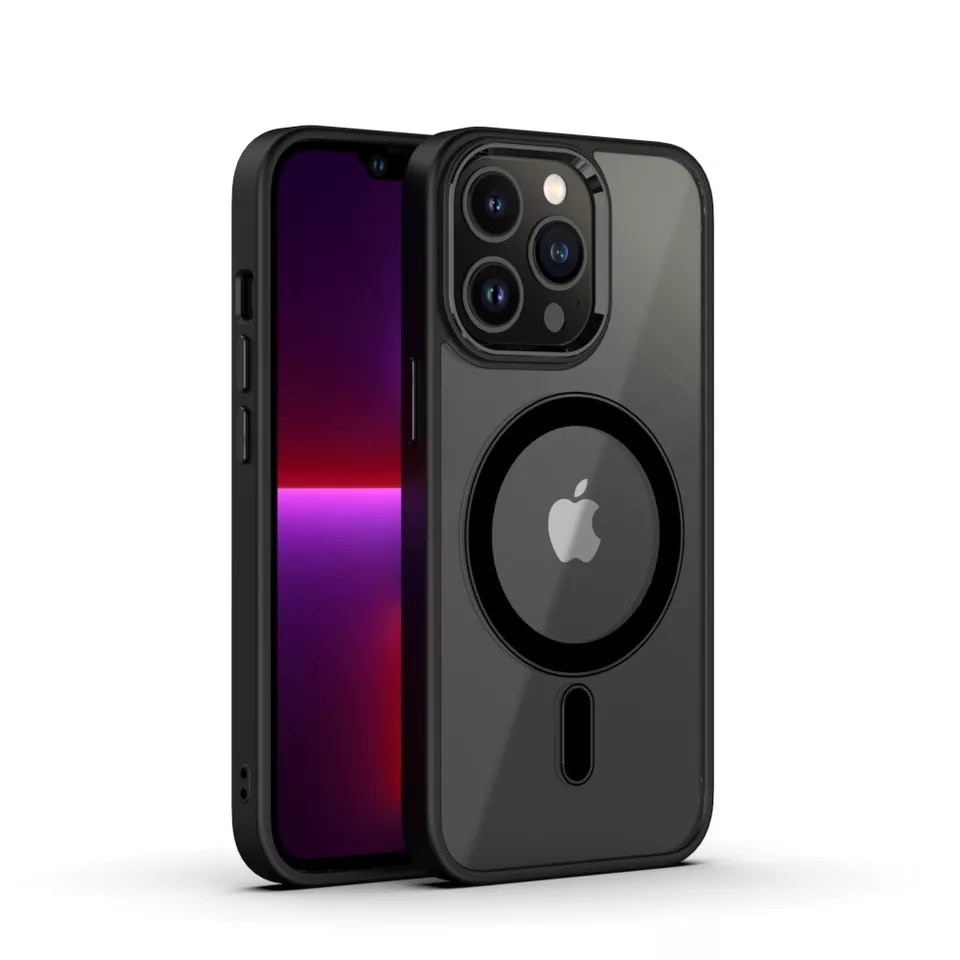 Husa de protectie pentru Iphone 14, compatibila Magsafe, Hybrid, Antisoc, rama neagra