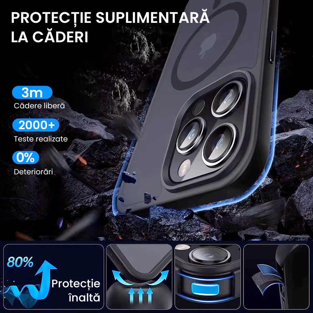 Husa de protectie pentru Iphone 14, compatibila Magsafe, Hybrid, Antisoc, rama neagra