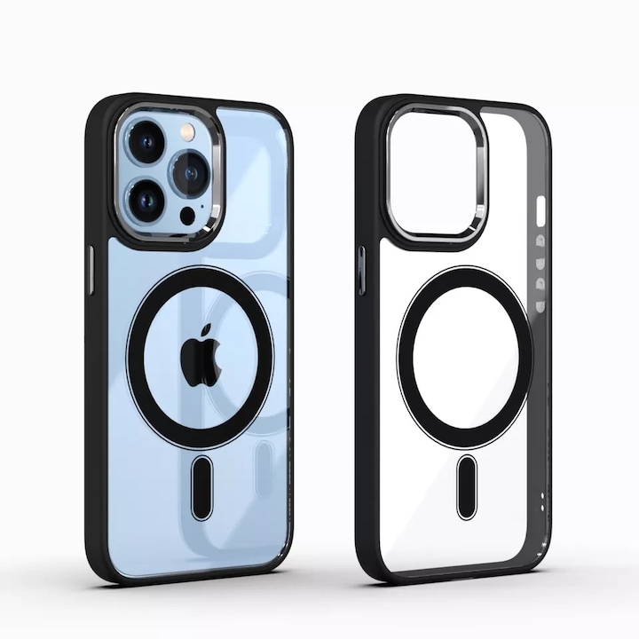 Husa de protectie pentru Iphone 14, compatibila Magsafe, Hybrid, Antisoc, rama neagra