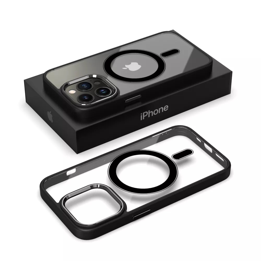 Husa de protectie pentru Iphone 14, compatibila Magsafe, Hybrid, Antisoc, rama neagra