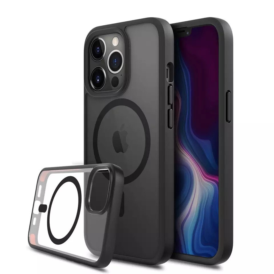 Husa de protectie pentru Iphone 14, compatibila Magsafe, Hybrid, Antisoc, rama neagra