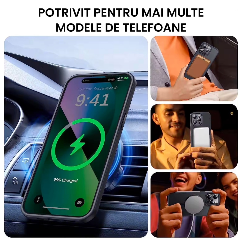 Husa de protectie pentru Iphone 14, compatibila Magsafe, Hybrid, Antisoc, rama neagra
