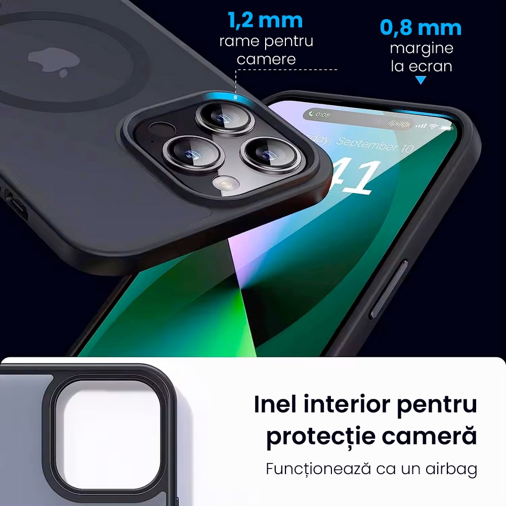 Husa de protectie pentru Iphone 14, compatibila Magsafe, Hybrid, Antisoc, rama neagra