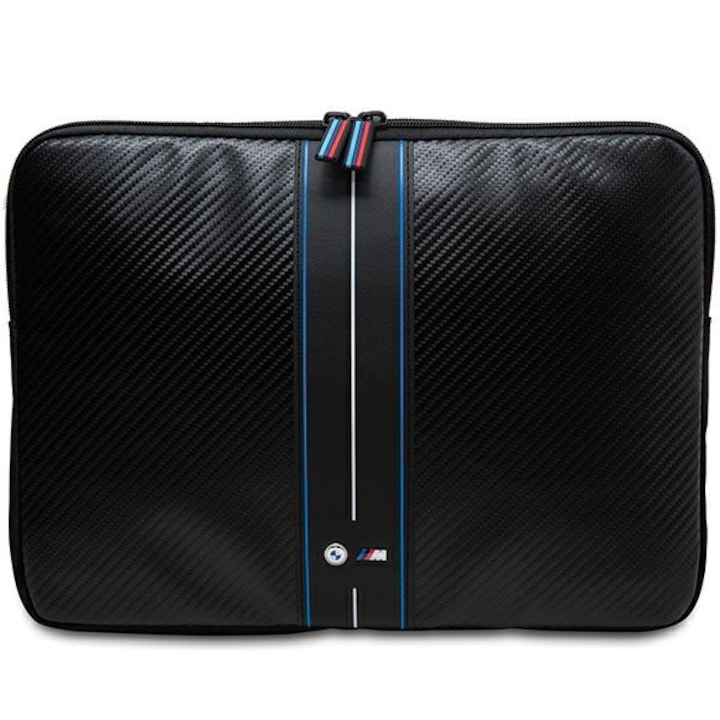 Husa laptop BMW Carbon Blue Stripes, ecopiele/nylon, negru, 26x34x1.5cm