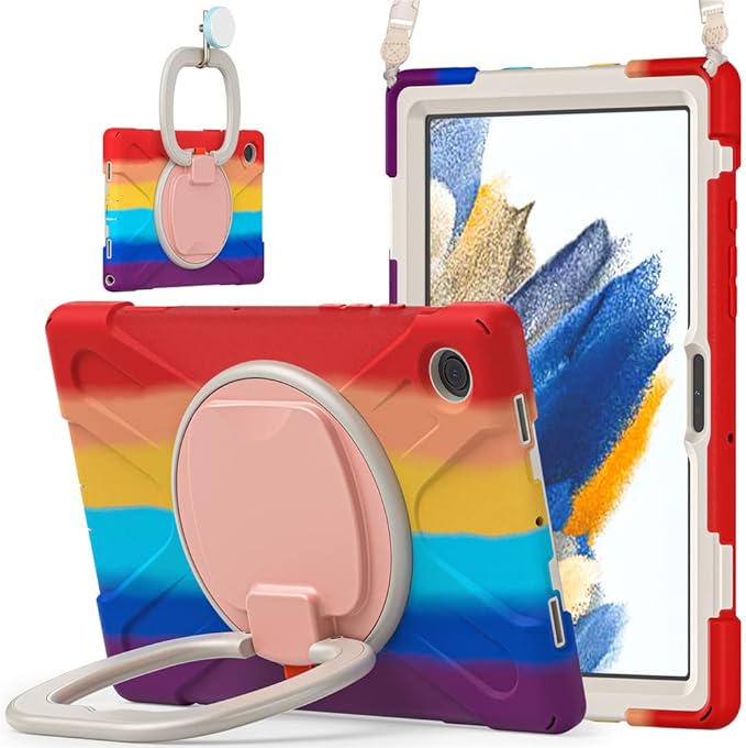 Husa 360 pentru Samsung Galaxy Tab A8 10.5", cu Suport Rotativ, Curea de Umar, Maner de Prindere – Rosu Colorat