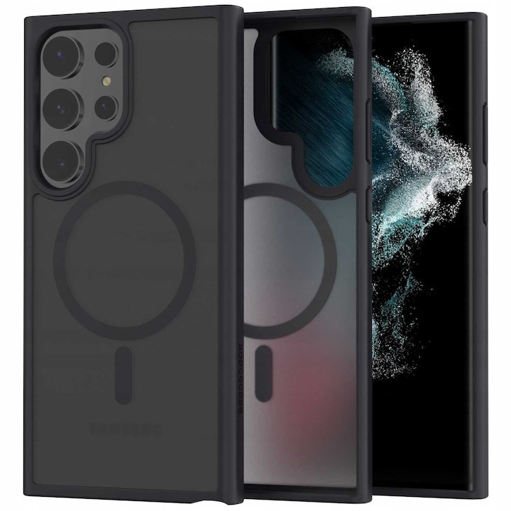 Husa blindata Samsung Galaxy S22 Ultra, Spacecase Hybrid Mag compatibil cu MagSafe, incarcare inductiva, rezistenta la socuri, airbag-uri rezistente la caderi Airbag, durabila, eleganta, minimalista, negru mat