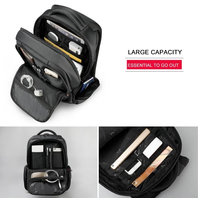 Rucsac laptop 15.6" smart casual, impermeabil, cu orificiu pentru cabluri audio si port USB, Tigernu, 33x17x49 cm, Negru