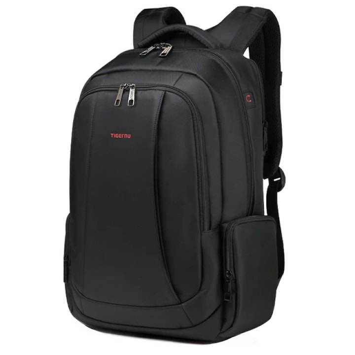 Rucsac laptop 15.6" smart casual, impermeabil, cu orificiu pentru cabluri audio si port USB, Tigernu, 33x17x49 cm, Negru