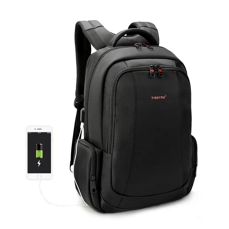 Rucsac laptop 15.6" smart casual, impermeabil, cu orificiu pentru cabluri audio si port USB, Tigernu, 33x17x49 cm, Negru