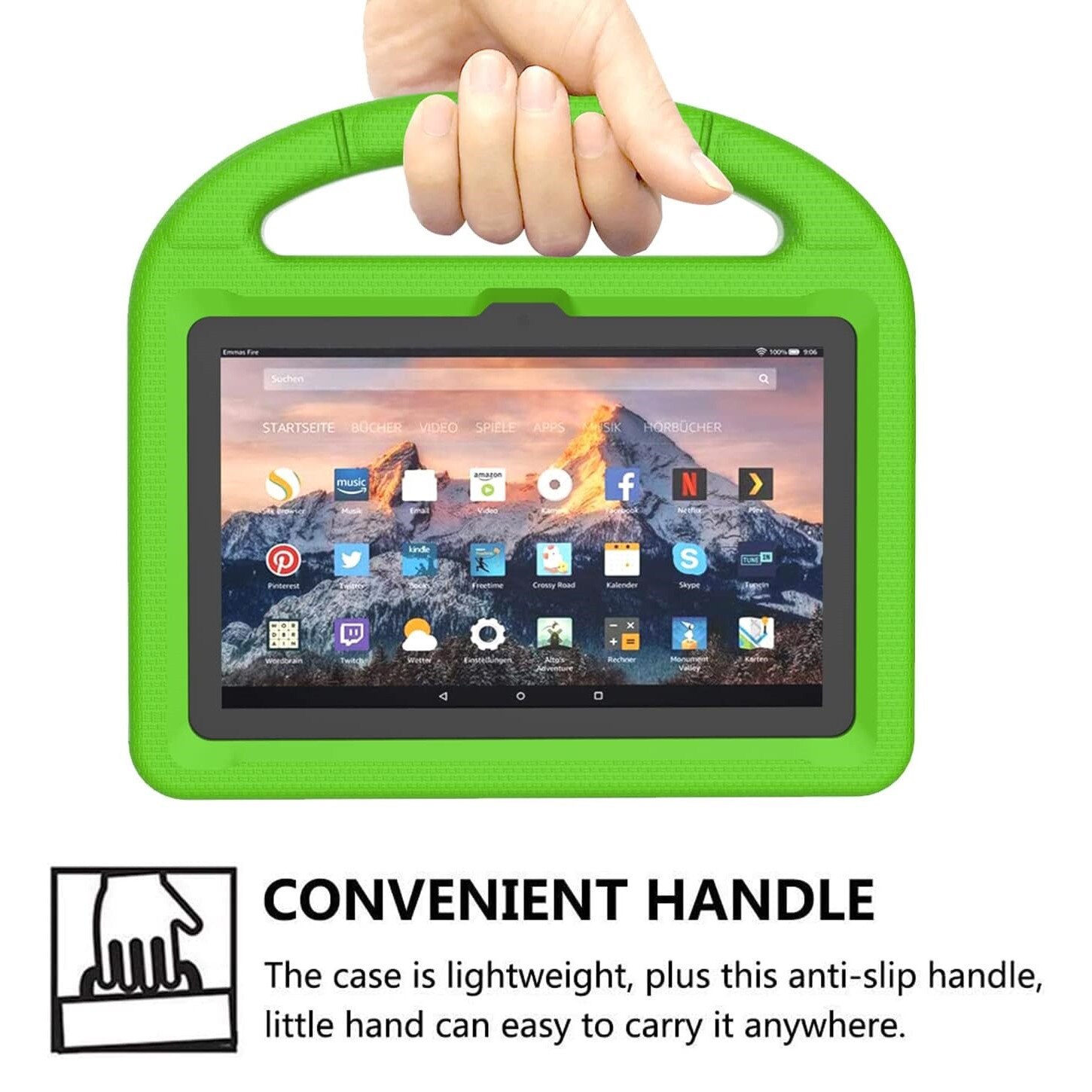 Husa tableta Patamiyar pentru copii, compatibile cu tablete de 7", usoara, rezistenta la socuri, cu maner pentru transport si stand, culoare verde