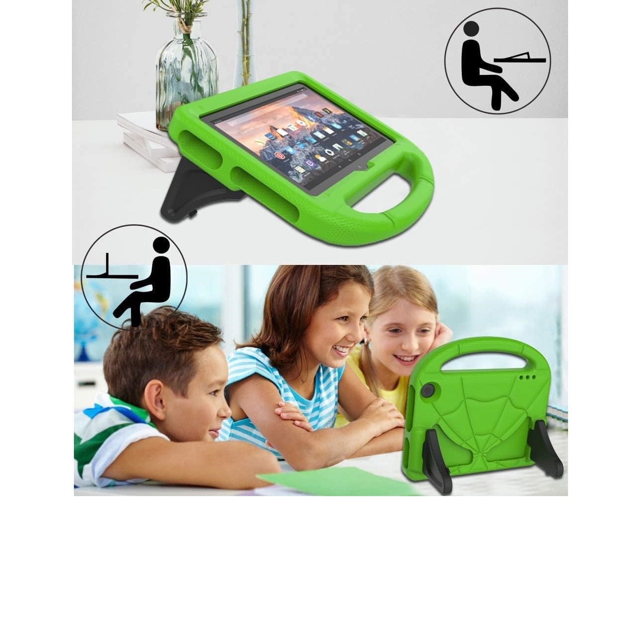 Husa tableta Patamiyar pentru copii, compatibile cu tablete de 7", usoara, rezistenta la socuri, cu maner pentru transport si stand, culoare verde