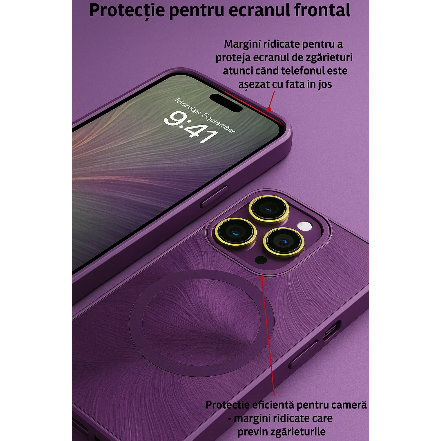Husa de Protectie Pentru iPhone 15 ProMax MagSafe, Culoare Mov, lucios cu efect 3D tip Pana, design elegant si protectie completa inclusiv Lentile impotriva socurilor si zgarieturilor