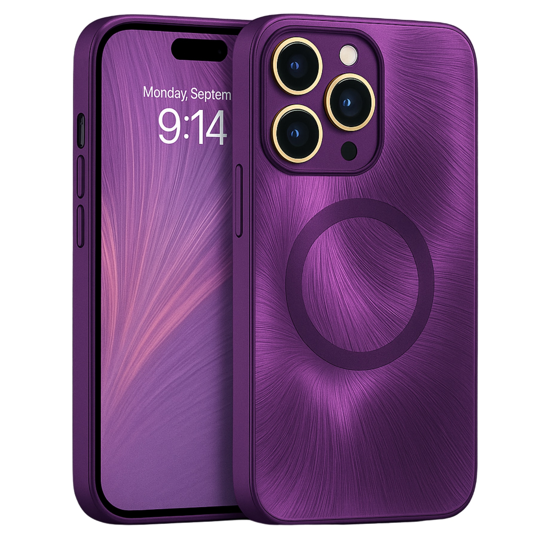 Husa de Protectie Pentru iPhone 15 ProMax MagSafe, Culoare Mov, lucios cu efect 3D tip Pana, design elegant si protectie completa inclusiv Lentile impotriva socurilor si zgarieturilor