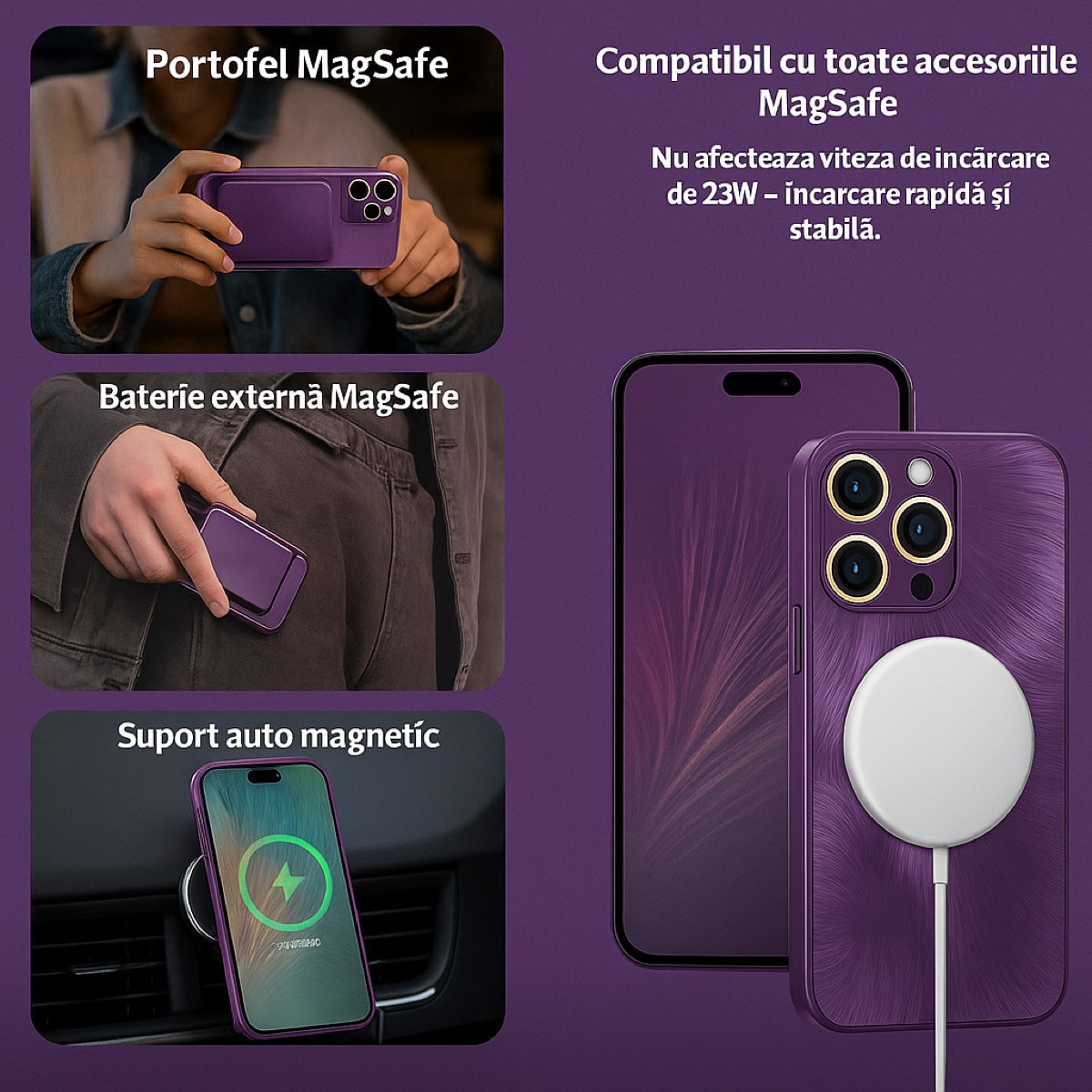 Husa de Protectie Pentru iPhone 15 ProMax MagSafe, Culoare Mov, lucios cu efect 3D tip Pana, design elegant si protectie completa inclusiv Lentile impotriva socurilor si zgarieturilor
