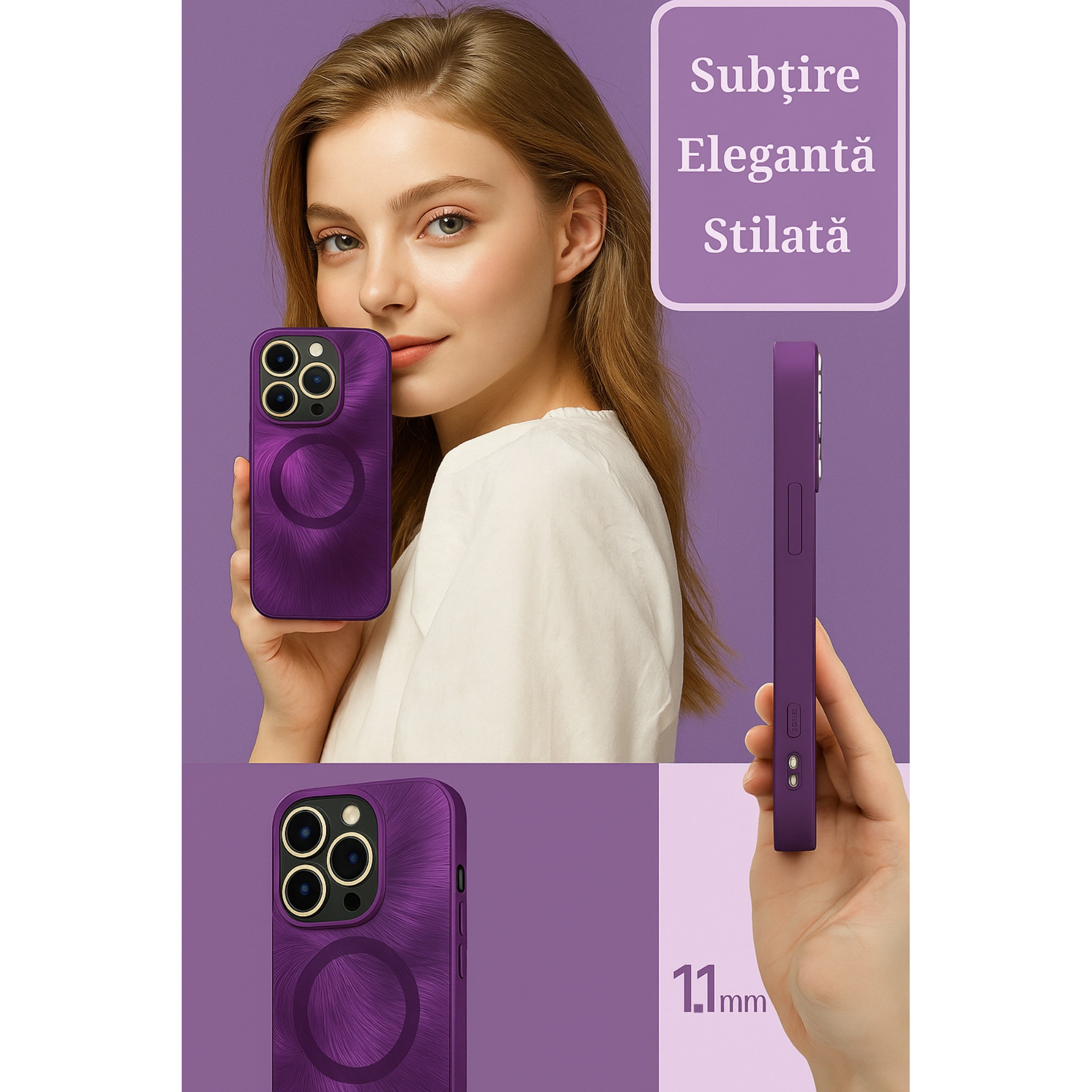 Husa de Protectie Pentru iPhone 15 ProMax MagSafe, Culoare Mov, lucios cu efect 3D tip Pana, design elegant si protectie completa inclusiv Lentile impotriva socurilor si zgarieturilor