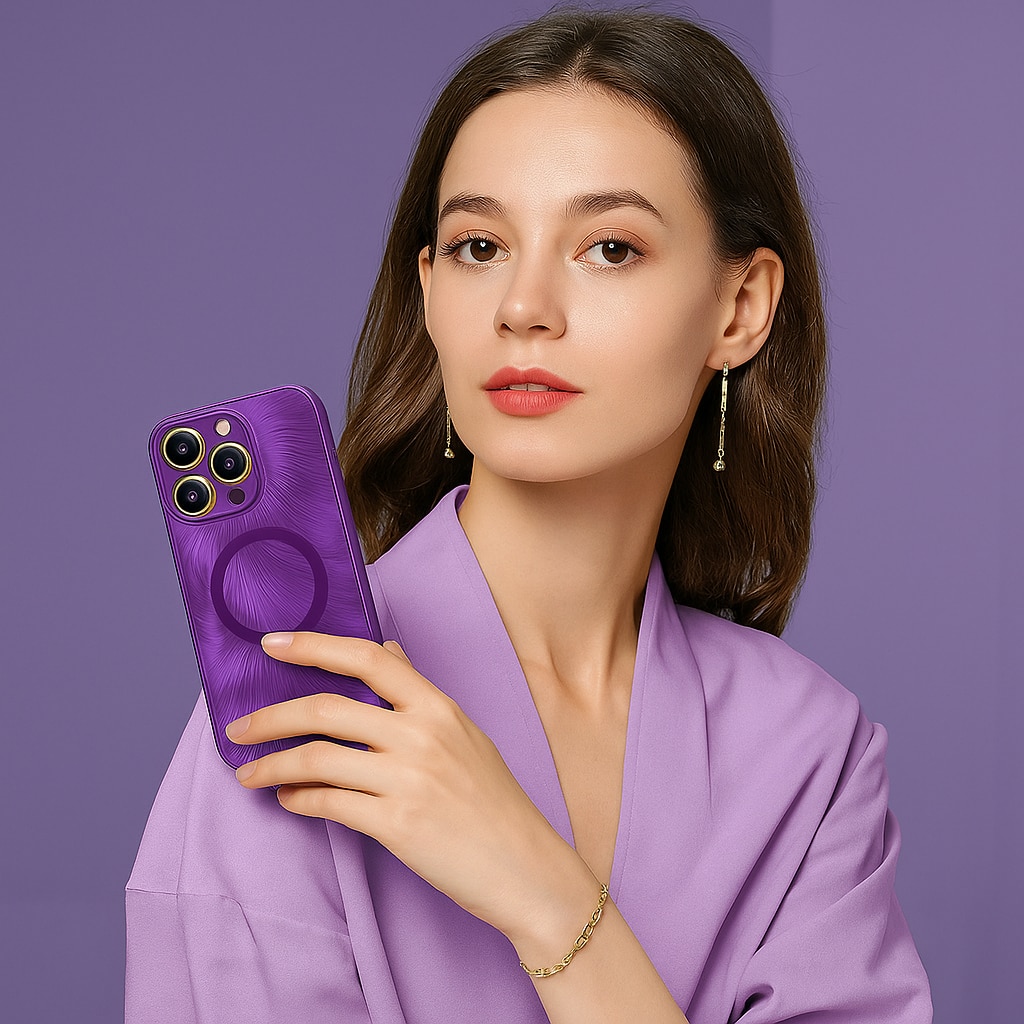 Husa de Protectie Pentru iPhone 15 ProMax MagSafe, Culoare Mov, lucios cu efect 3D tip Pana, design elegant si protectie completa inclusiv Lentile impotriva socurilor si zgarieturilor